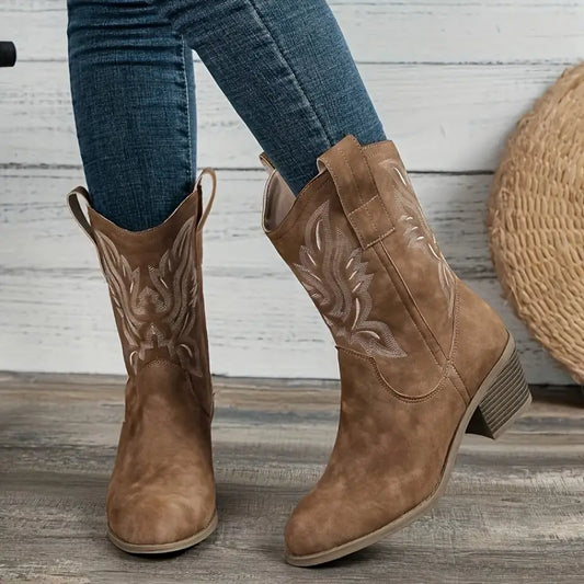 Isabelle – Vegan Leren Cowboylaarzen Met Stiksels En Blockhak