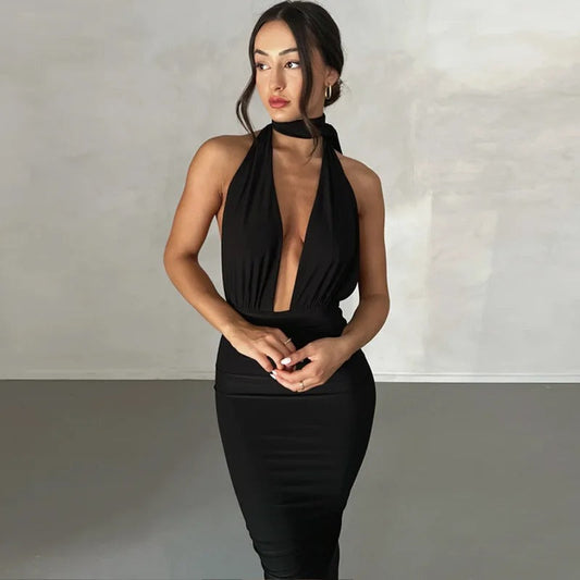 Clara – maxi jurk met diepe V-hals en elegante drapering