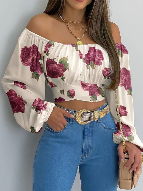 Luna – Off-shoulder crop top met ballonmouwen en geplooide borst