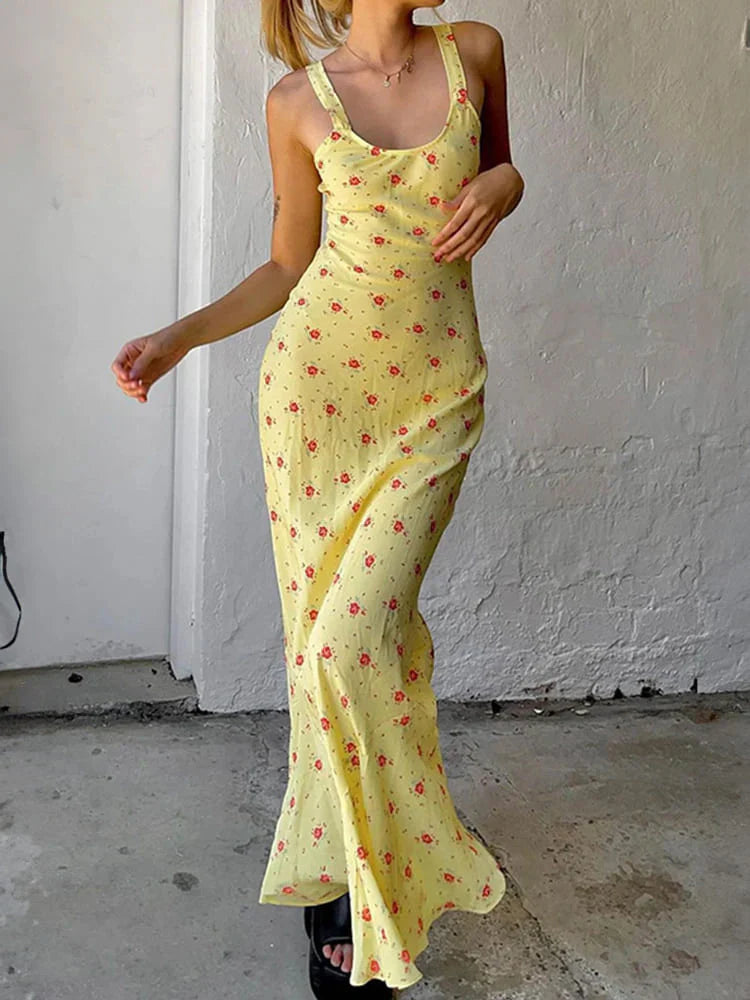 Lina – Gele Maxi Jurk Met Bloemenprint