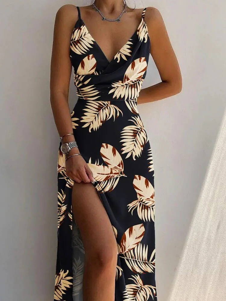 Lina – V-hals maxi zomer jurk met tropische print en zijsplit