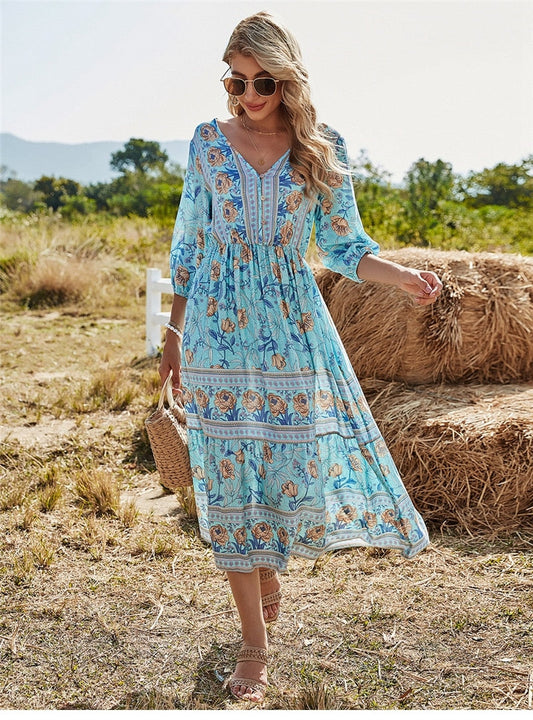Bonnie –  Vintage Boho Print Midi Zomerjurk Met Lange Mouwen