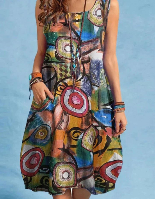 Alda – Boho Print Midi Zomerjurk Met Ronde Hals
