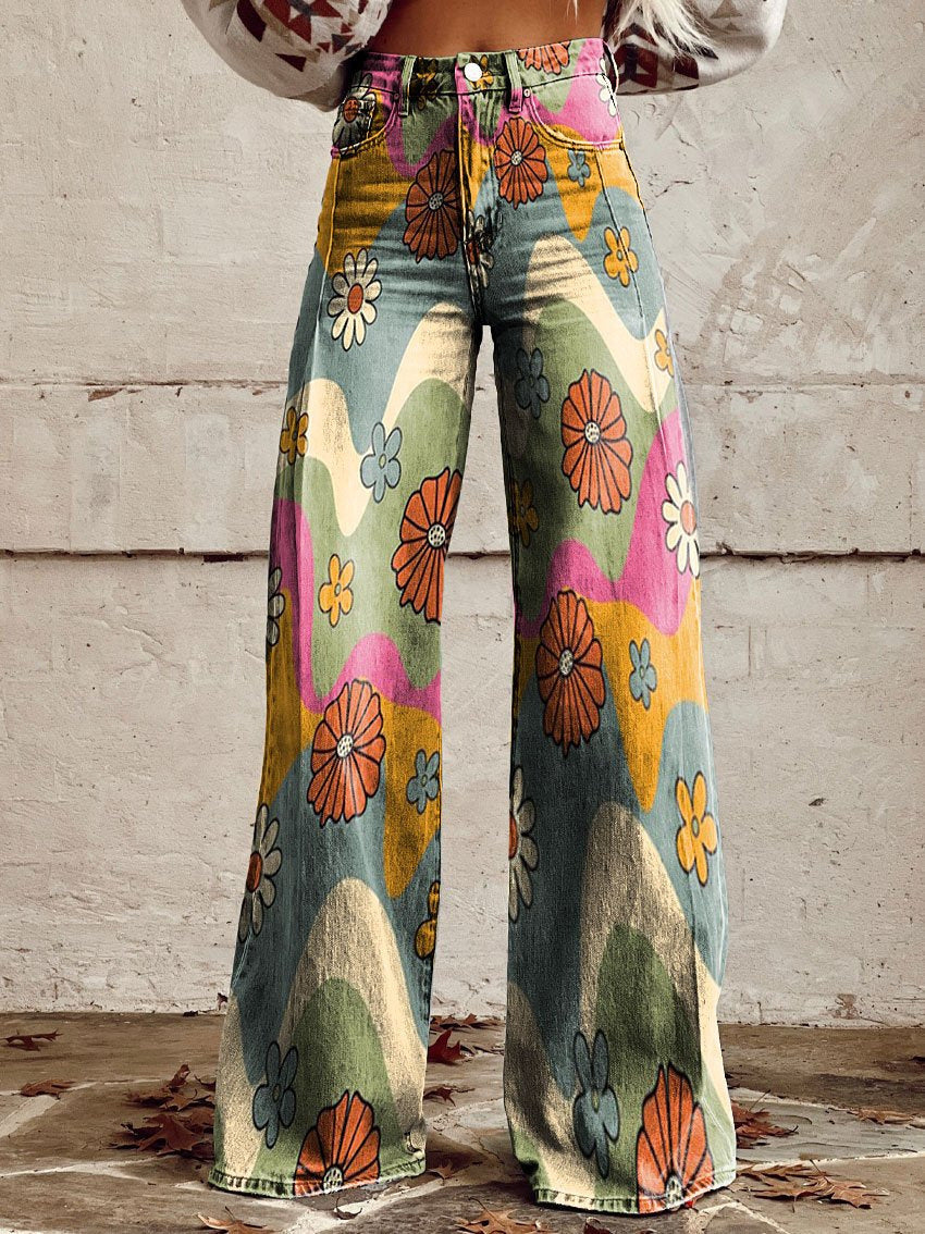 Lina – Hoge Taille Denim Flare Broek Met Bloemenprint