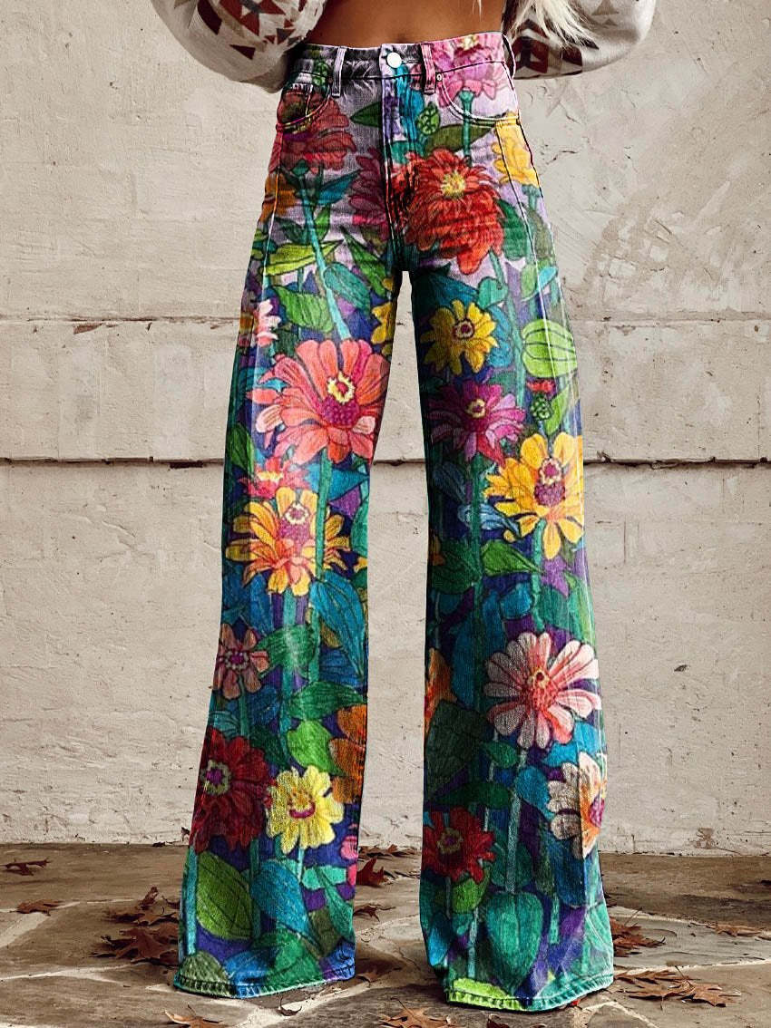 Lina – Hoge Taille Denim Flare Broek Met Bloemenprint