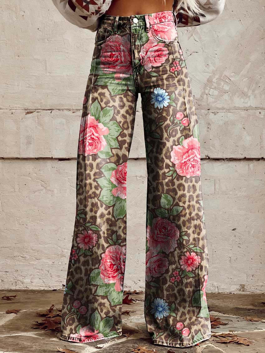 Lina – Hoge Taille Denim Flare Broek Met Bloemenprint