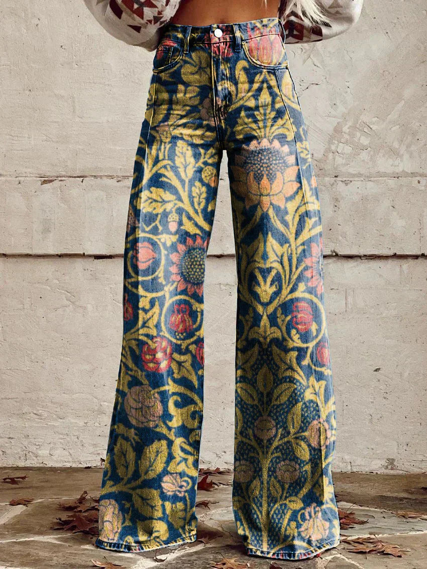 Lina – Hoge Taille Denim Flare Broek Met Bloemenprint