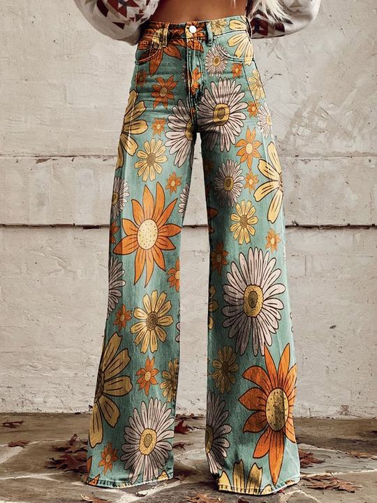Lina – Hoge Taille Denim Flare Broek Met Bloemenprint