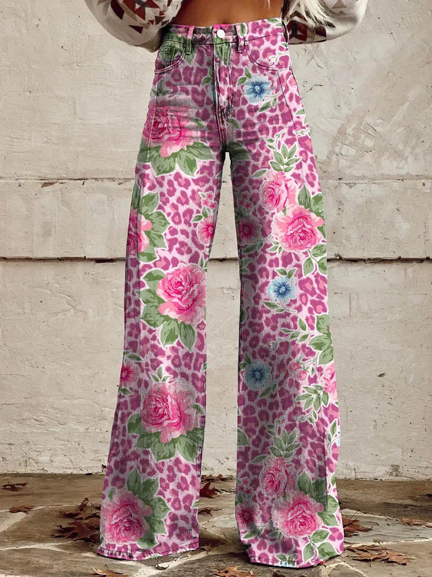 Lina – Hoge Taille Denim Flare Broek Met Bloemenprint