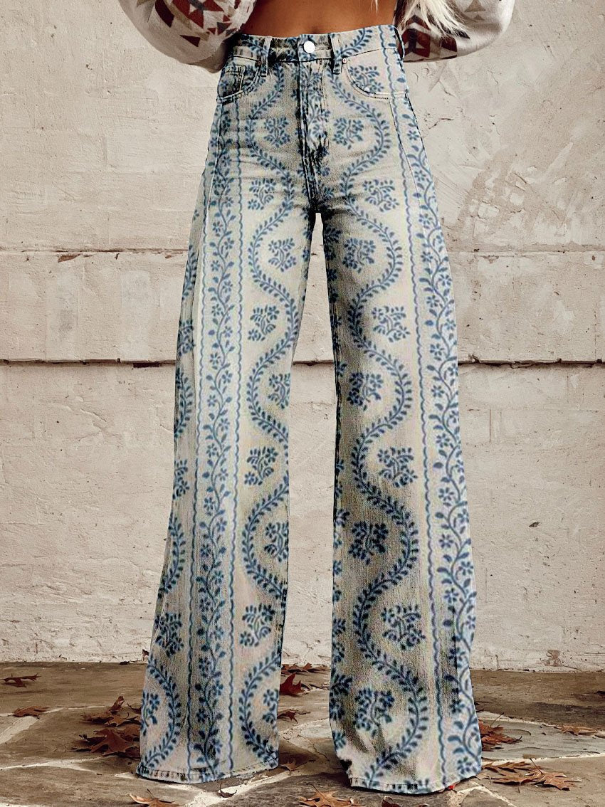 Lina – Hoge Taille Denim Flare Broek Met Bloemenprint