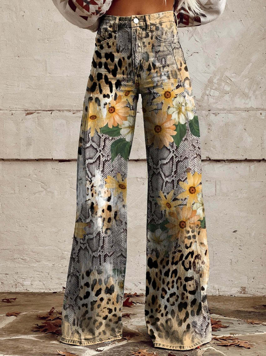 Lina – Hoge Taille Denim Flare Broek Met Bloemenprint