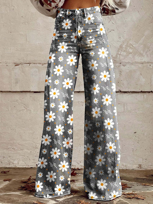 Lina – Hoge Taille Denim Flare Broek Met Bloemenprint