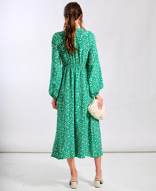 Lina – Midi-jurk met V-hals lange pofmouwen en stippenprint