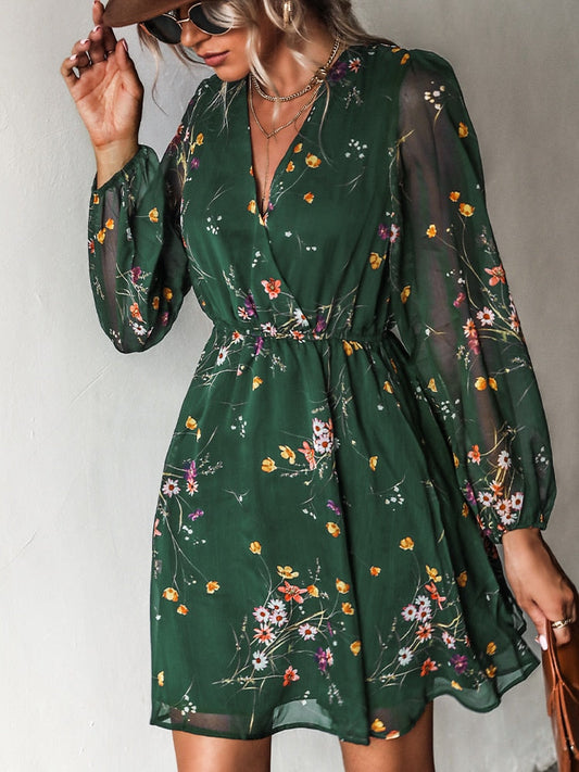 Vania – V-hals midi Bloemenprint jurk met lange mouwen elastische taille