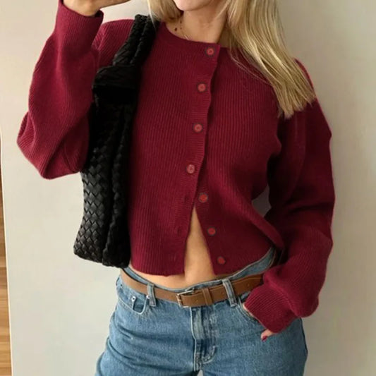 Lynn – retro cardigan vest met ronde hals en lange mouwen