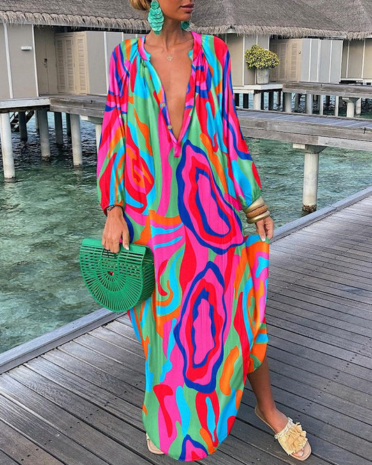 Sophie – Boho Maxi Jurk met Retro Print en V-Hals