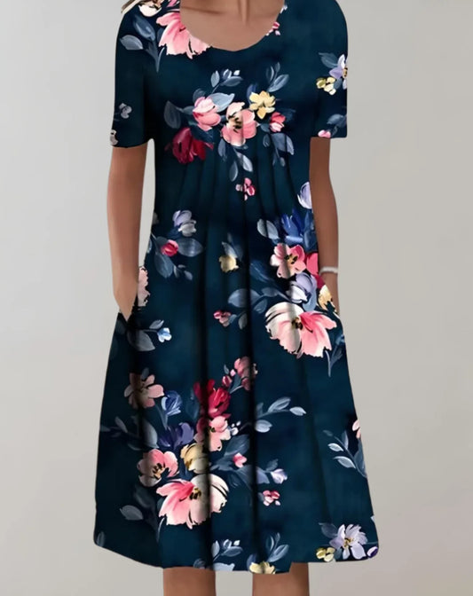 Elena – Midi Viscose Zomer Jurk Met Bloemenprint En Ronde Hals
