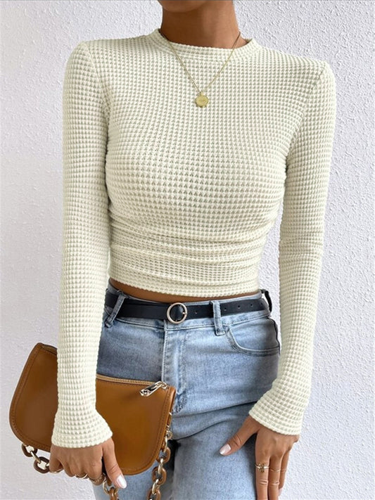 Anne – aangesloten waffle knit top met stretch en lange mouwen