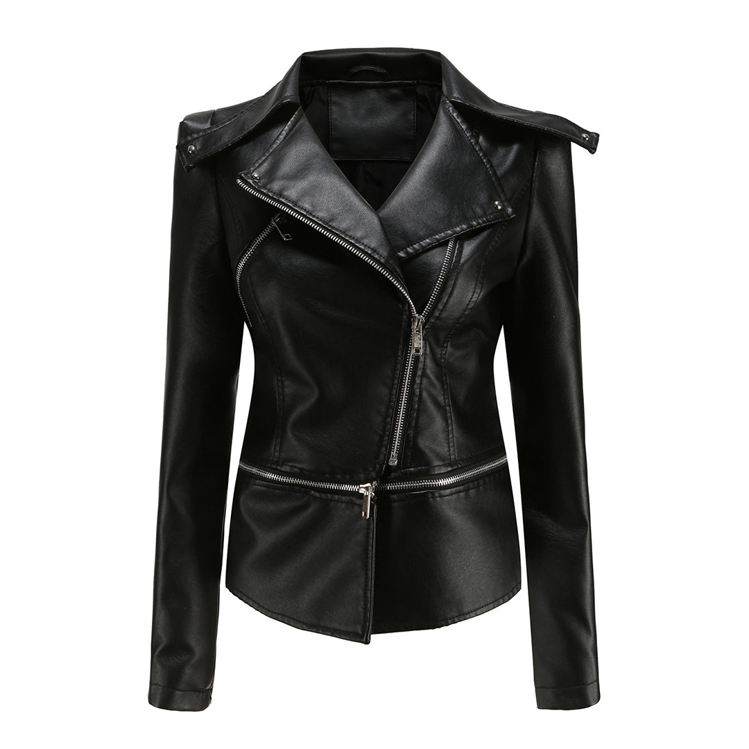 Aliya – leren damesjas met asymmetrische rits en afneembare zoom