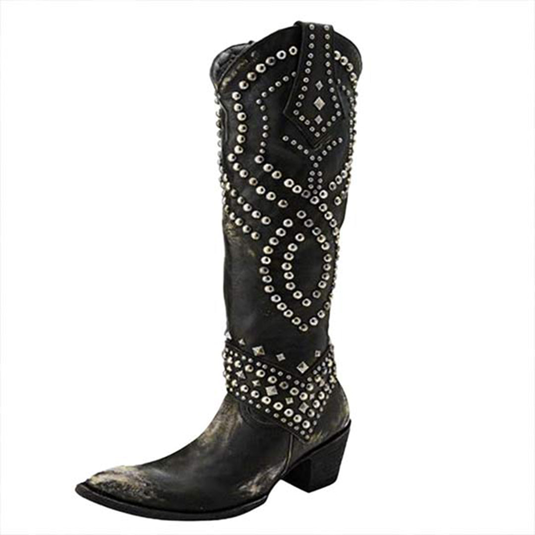 Joanne – hoge pu leren laarzen met studs en stevige hak