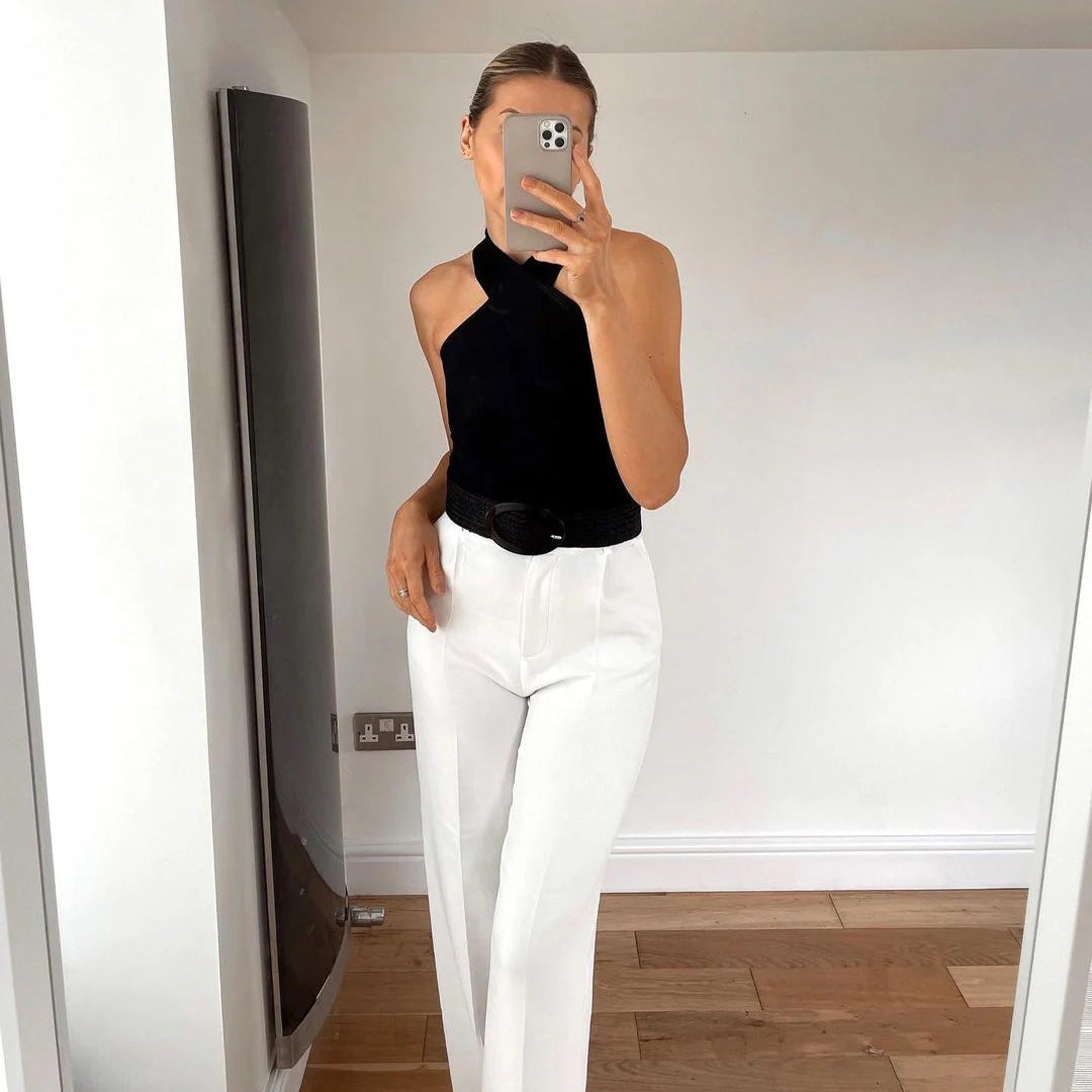 Elena – haltertop van viscose met geplooide halslijn en open rug