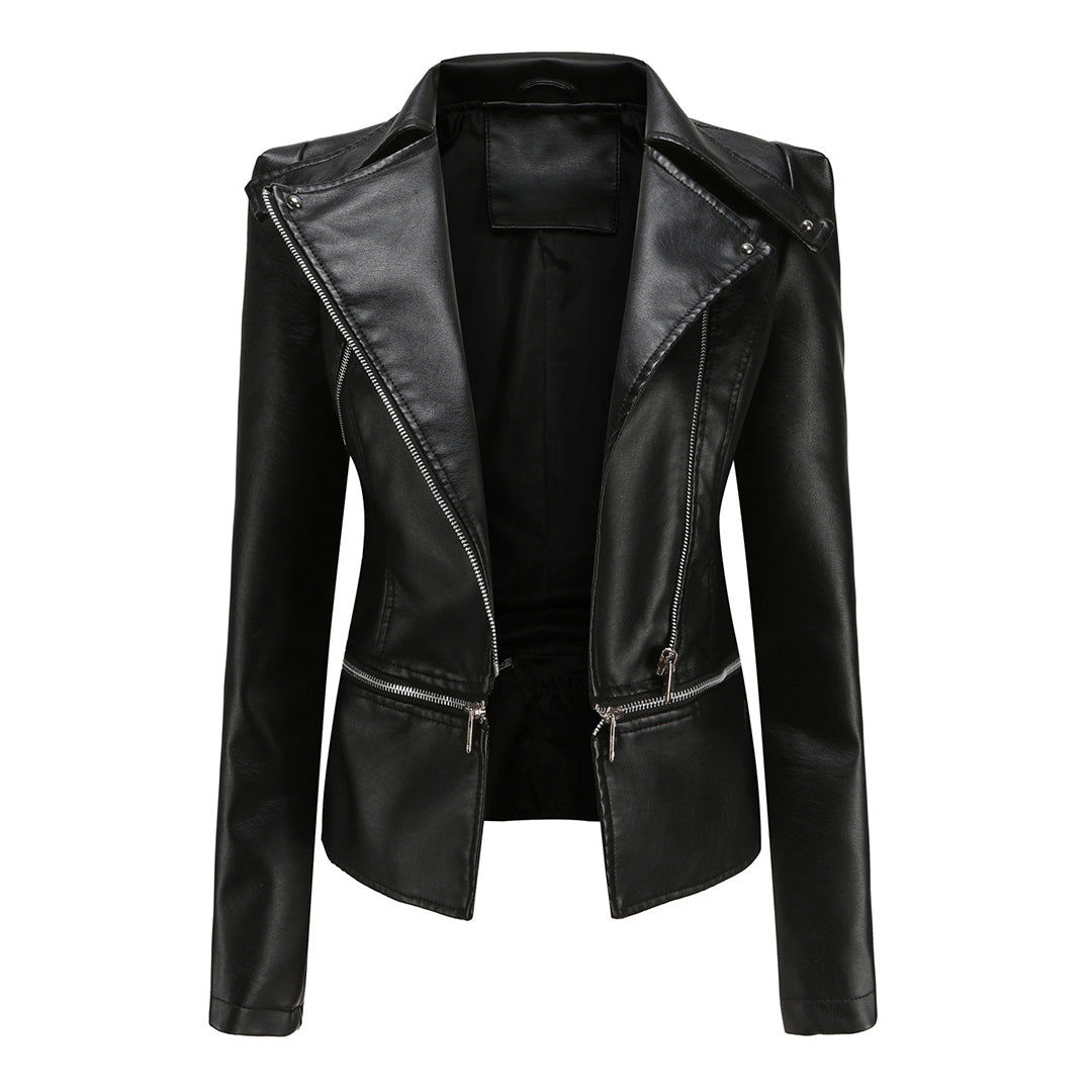 Aliya – leren damesjas met asymmetrische rits en afneembare zoom