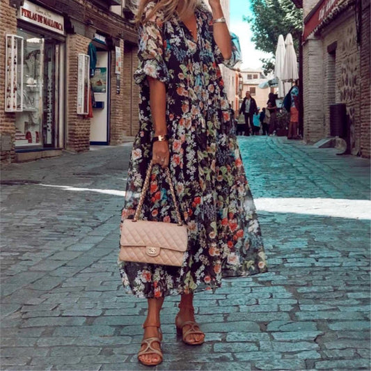 Regina  – Bloemen print zomerjurk met zachte zijde-katoenmix