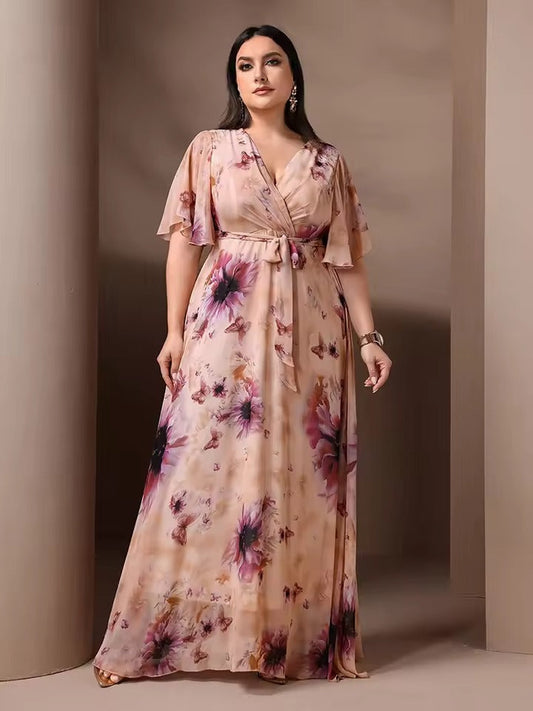 Brielle – maxi bloemenjurk met V-hals en vlindermouwen in pastelkleuren