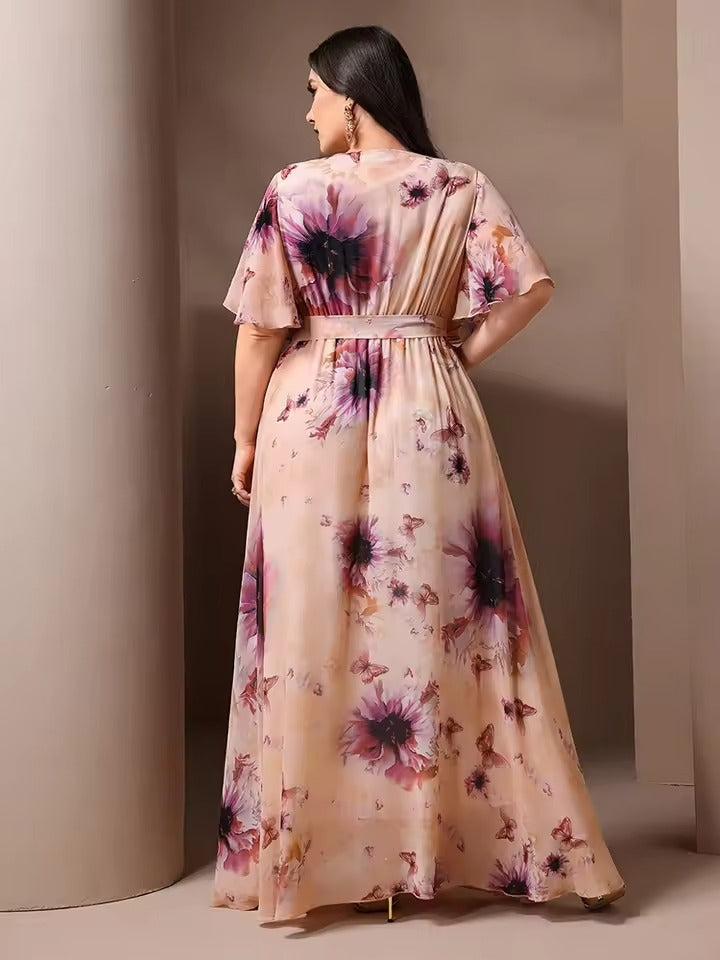 Brielle – maxi bloemenjurk met V-hals en vlindermouwen in pastelkleuren