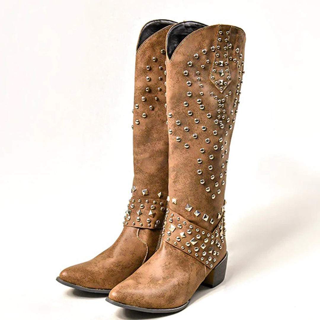 Joanne – hoge pu leren laarzen met studs en stevige hak