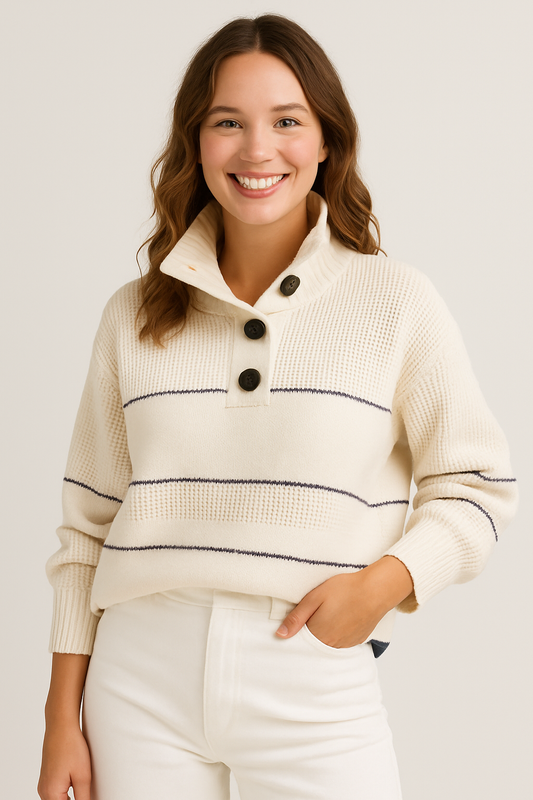 Suzanne – knit pullover met knoopkraag en ribgebreide afwerking