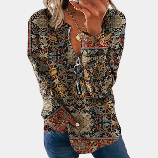 Bonnie – Oversized gebreide trui met vintageprint en gedropte schouders