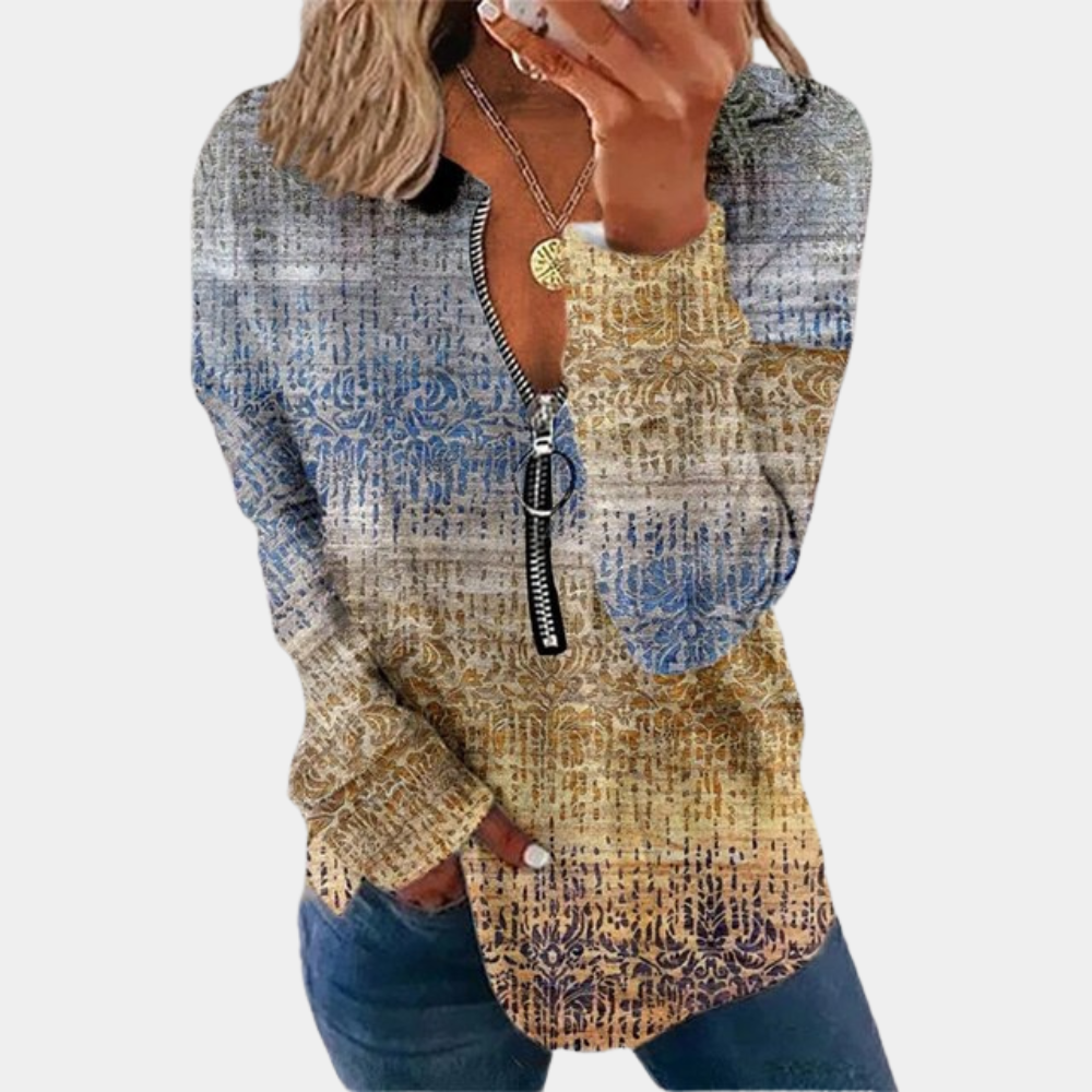 Bonnie – Oversized gebreide trui met vintageprint en gedropte schouders