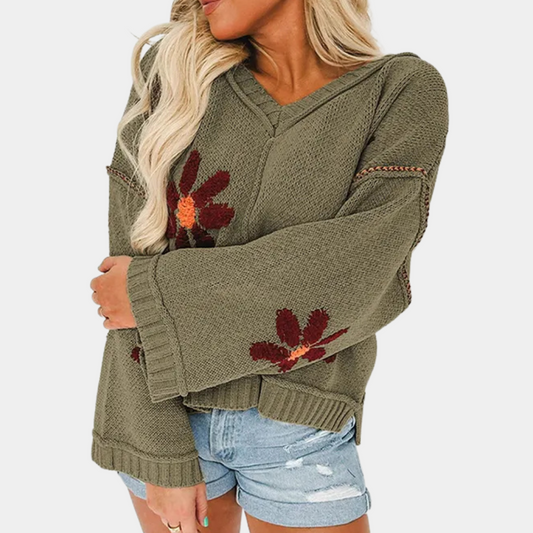 Lina – gebreid cardigan vest met bloemenpatroon en V-hals