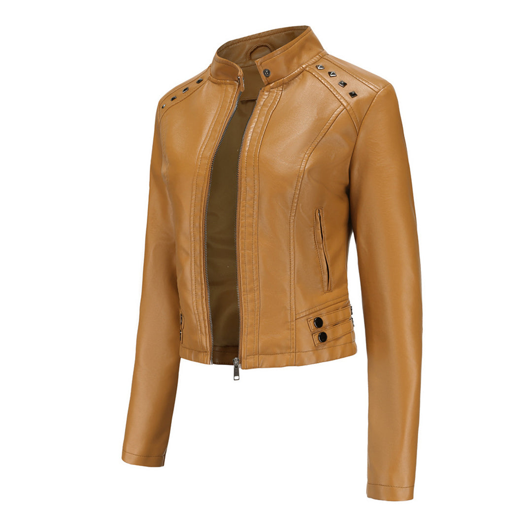 Najla – leren damesjas met opstaande kraag en decoratieve ritsdetails
