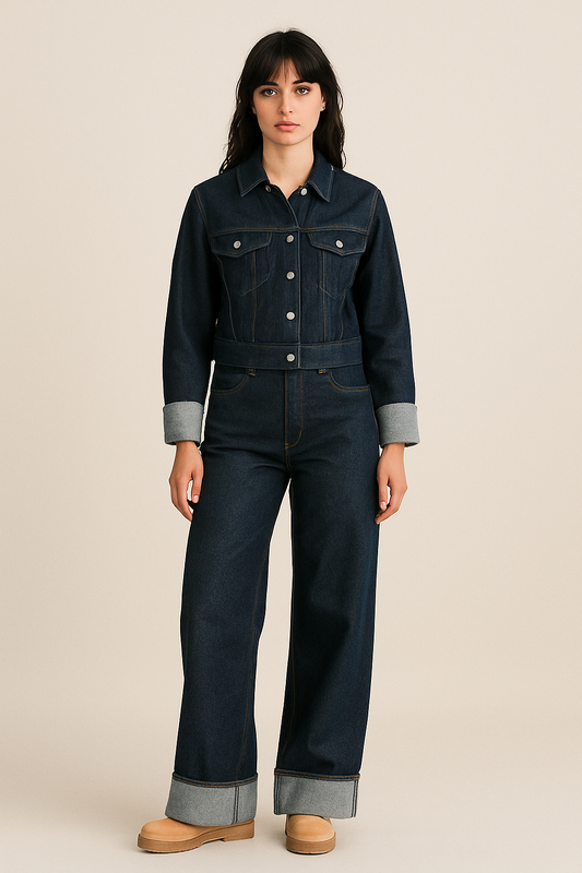 Sapphire - Denim Set Met Wide-Leg Broek En Cropped Jack
