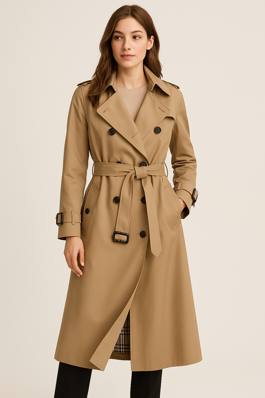 Mara – double-breasted trenchcoat in beige met ceintuur en lange snit