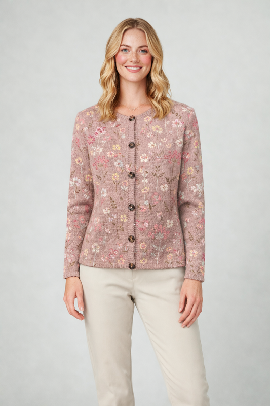 Flora – Gebreide Cardigan Vest Met Bloemenpatroon En Knopen