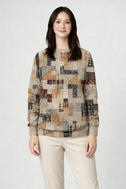 Febe – Gebreide Damestrui Met Print En Ronde Hals