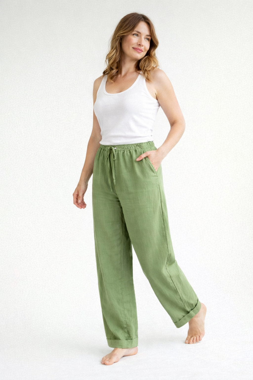 Hoge taille broek met elastische taille en rechte pijp