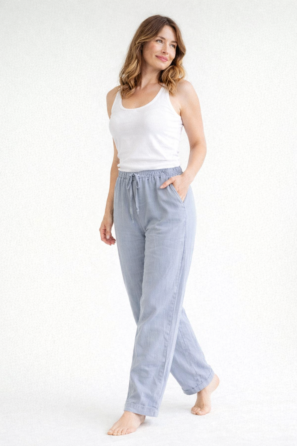 Hoge taille broek met elastische taille en rechte pijp