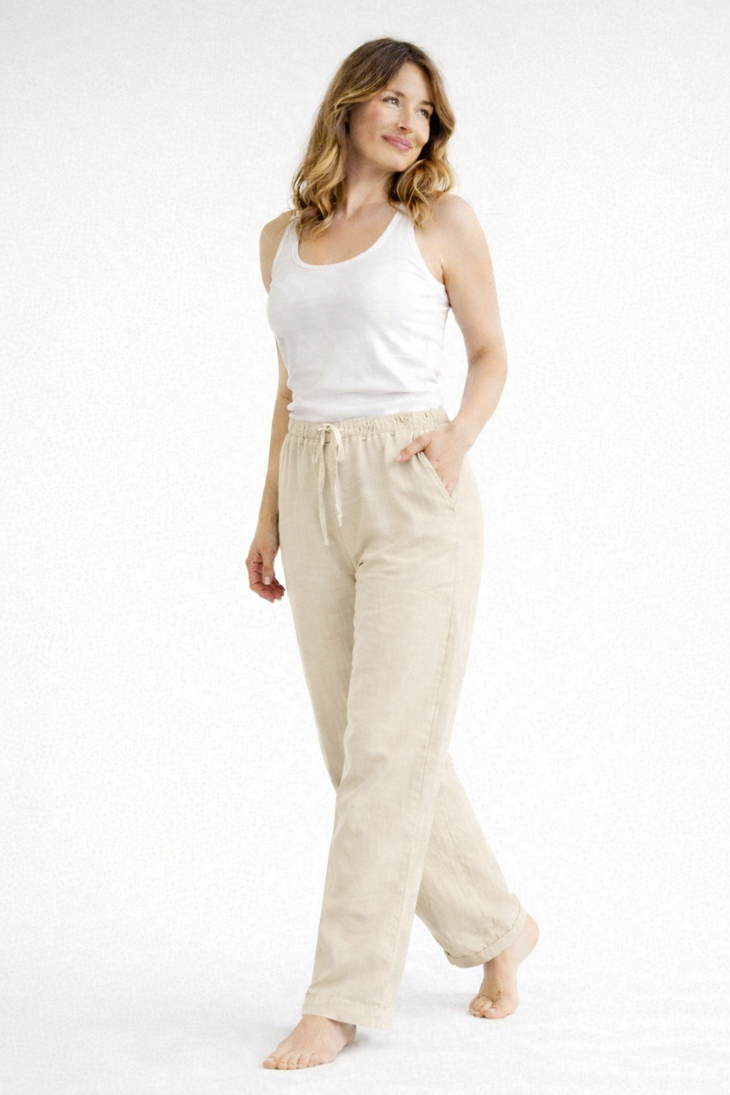 Hoge taille broek met elastische taille en rechte pijp