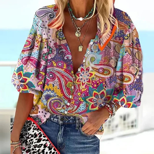Sofie – Luchtige Boho Print Zomer Blouse Met Pofmouwen en V-hals