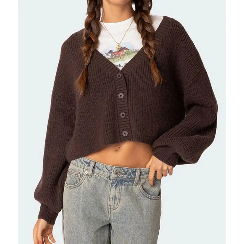Lynn – gebreid cardigan vest met lanternmouwen en knoopsluiting