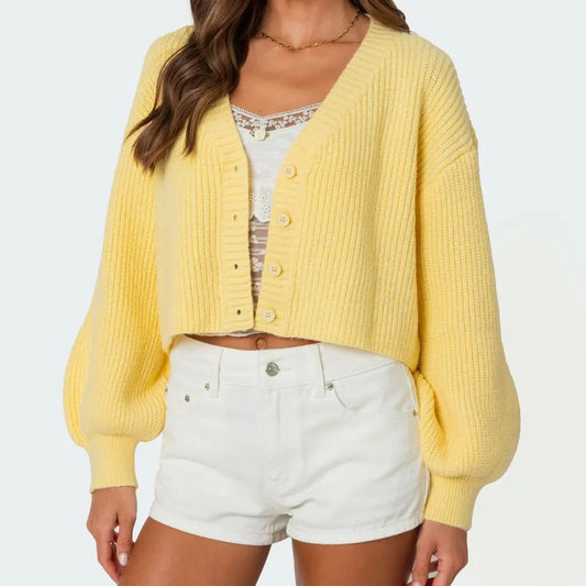 Lynn – gebreid cardigan vest met lanternmouwen en knoopsluiting