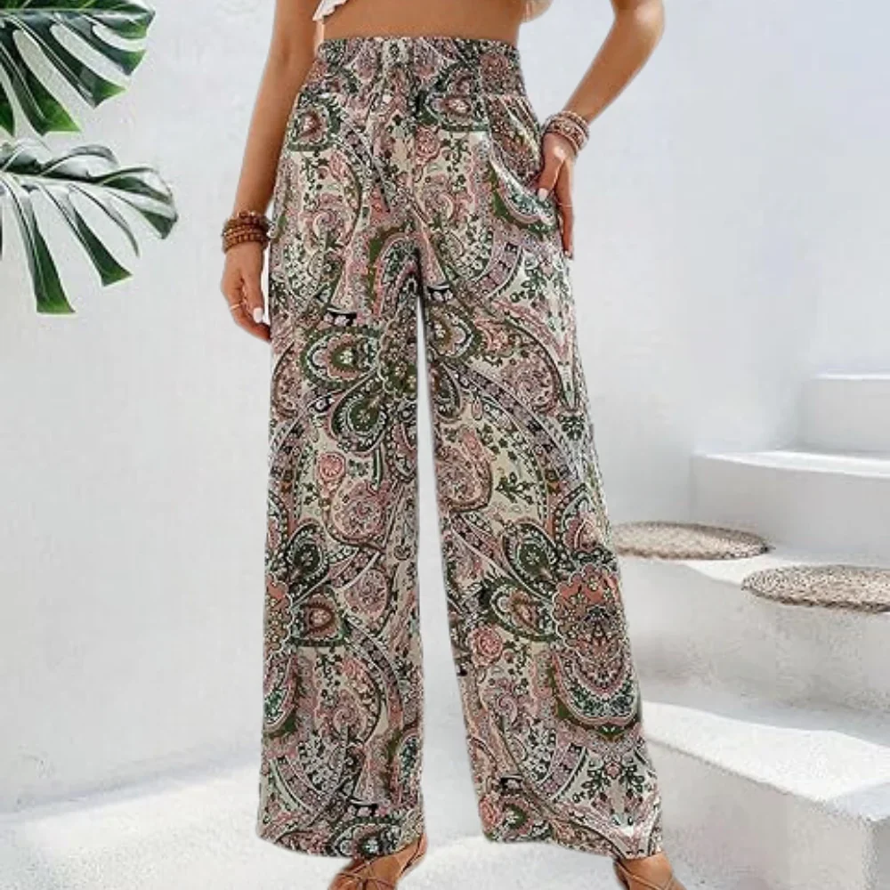 Mira – Luchtige paisleyprint zomer broek met elastische taille en rechte pijpen