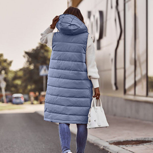 Camille – dames lange bodywarmer met capuchon en steppatroon