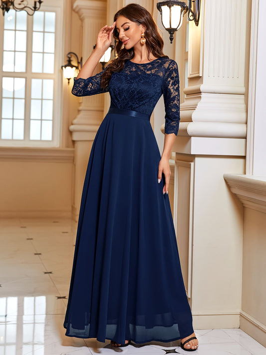 Isabelle – Chiffon Maxi-jurk Met Kanten Details En Driekwart Mouwen