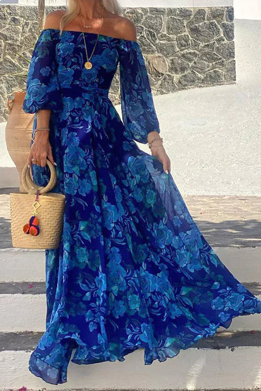 Leila – Off shoulder maxi-jurk met bloemenprint en smockdetail