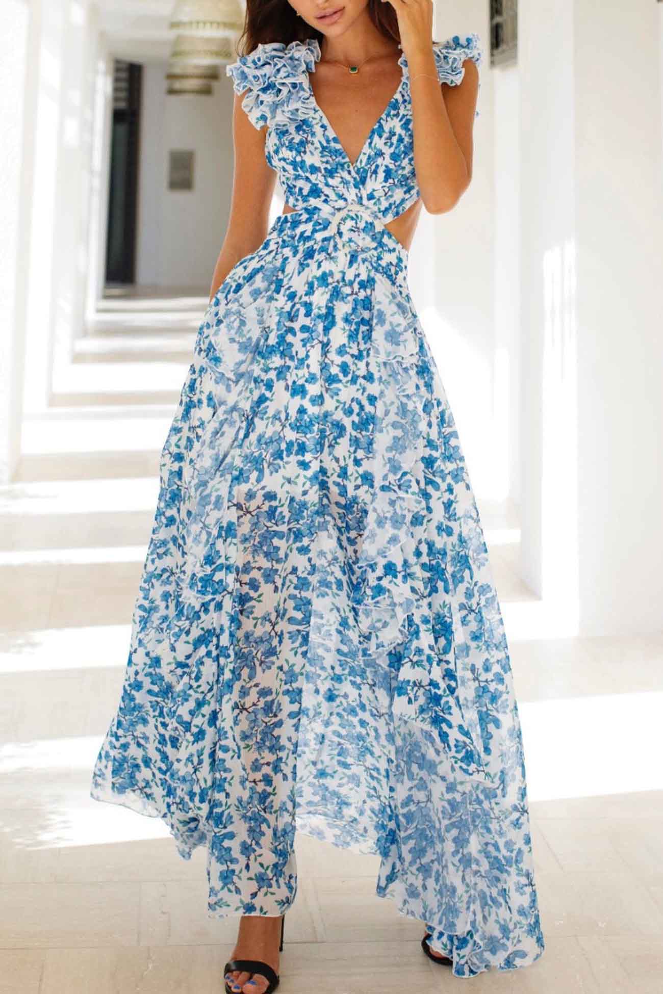 Elena – Bloemen V-hals maxi-jurk met ruffle mouwen en hoge split